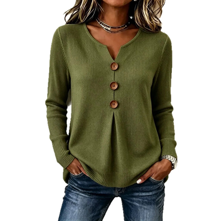 Olive green ribbed henley top with button placket, front view