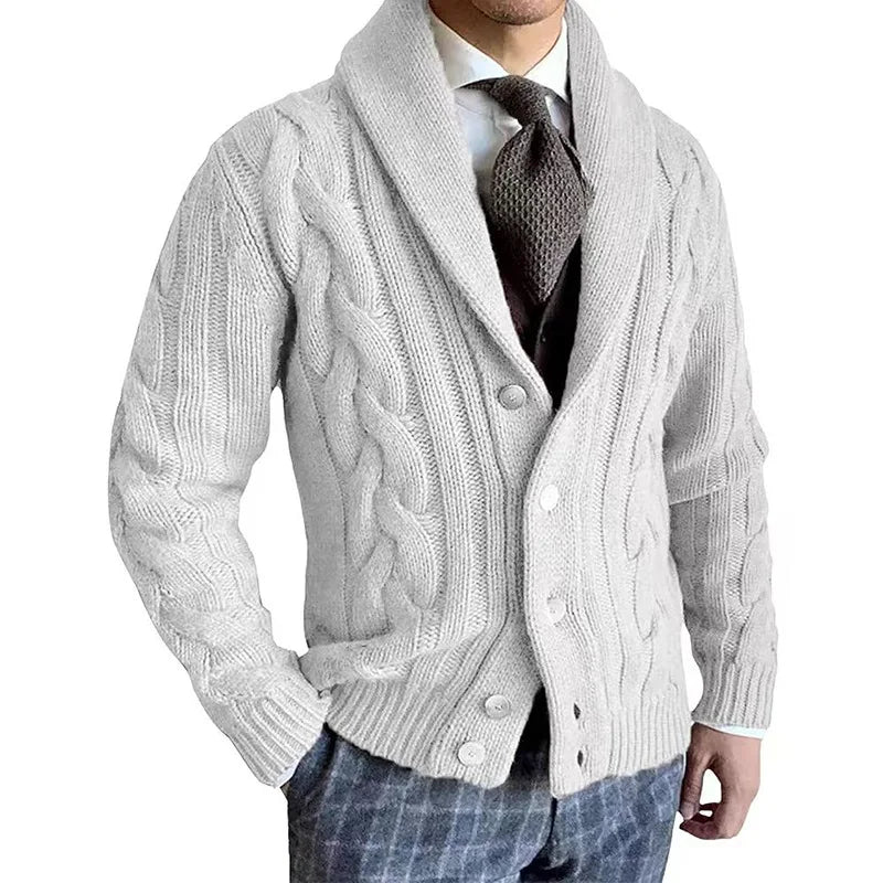 Light blue cable knit shawl collar cardigan on model