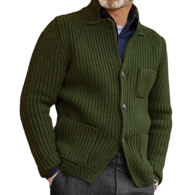 Green ribbed knit cardigan with notched lapel and chest pocket