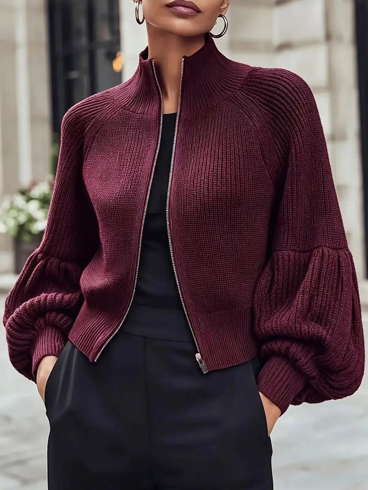 Burgundy ribbed knit cardigan, close up front view