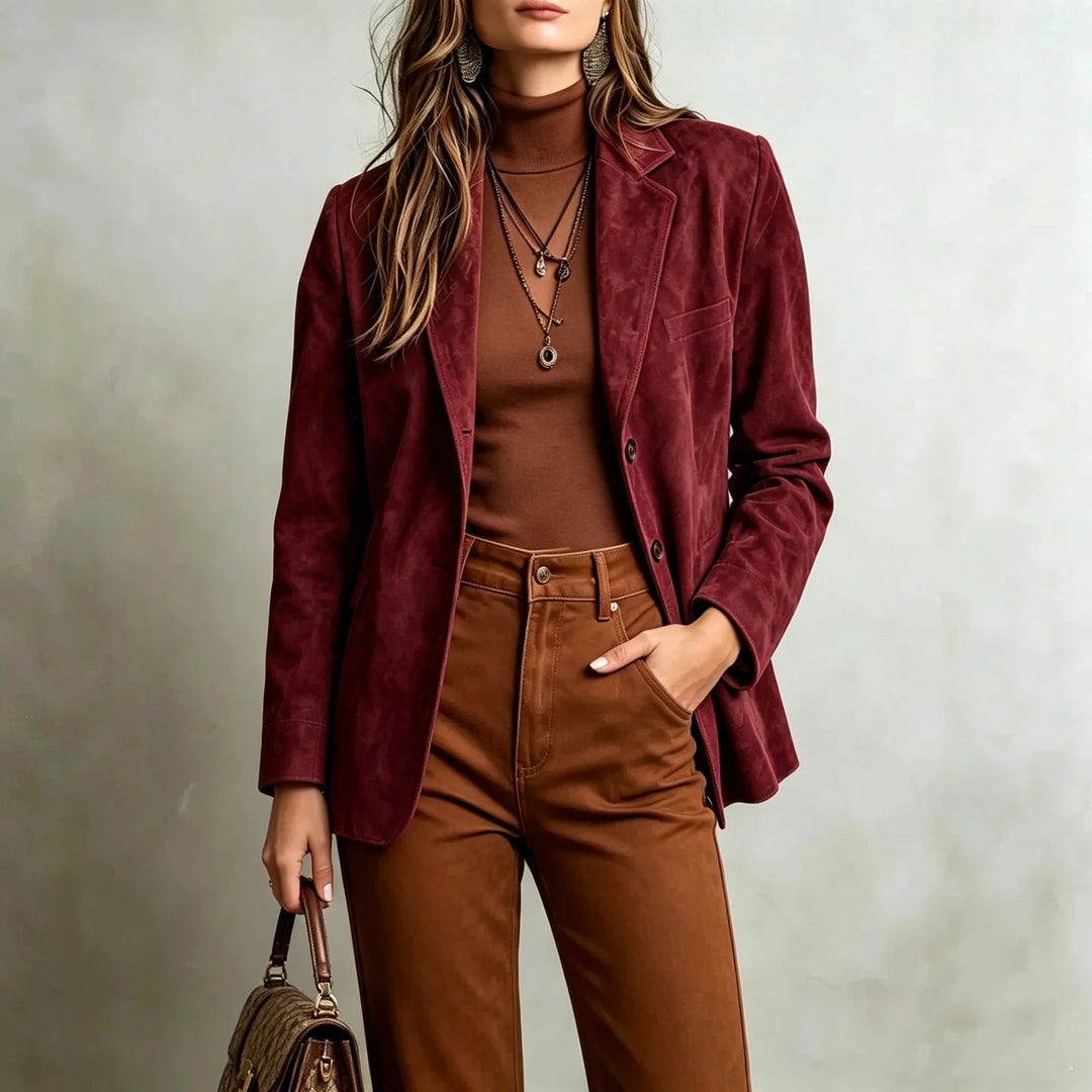 Close view of burgundy suede-look blazer with notched lapel