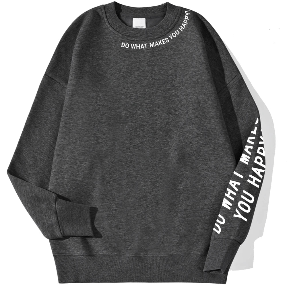Dark gray sweatshirt flat lay with graphic text