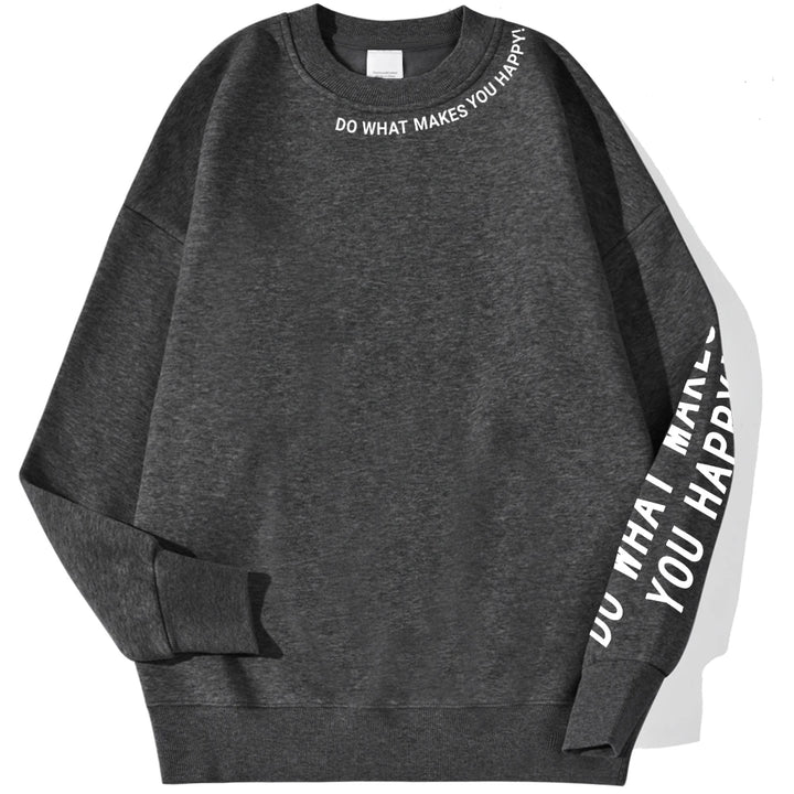 Dark gray sweatshirt flat lay with graphic text