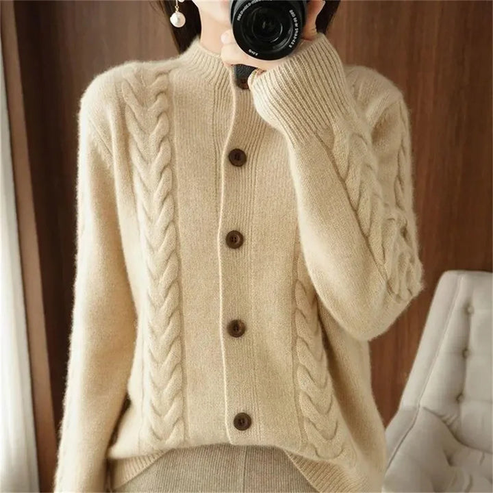 Off-white cable knit cardigan with stand collar and buttons