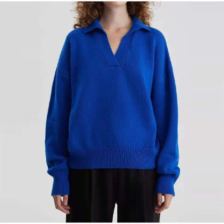 Blue polo collar sweater front view