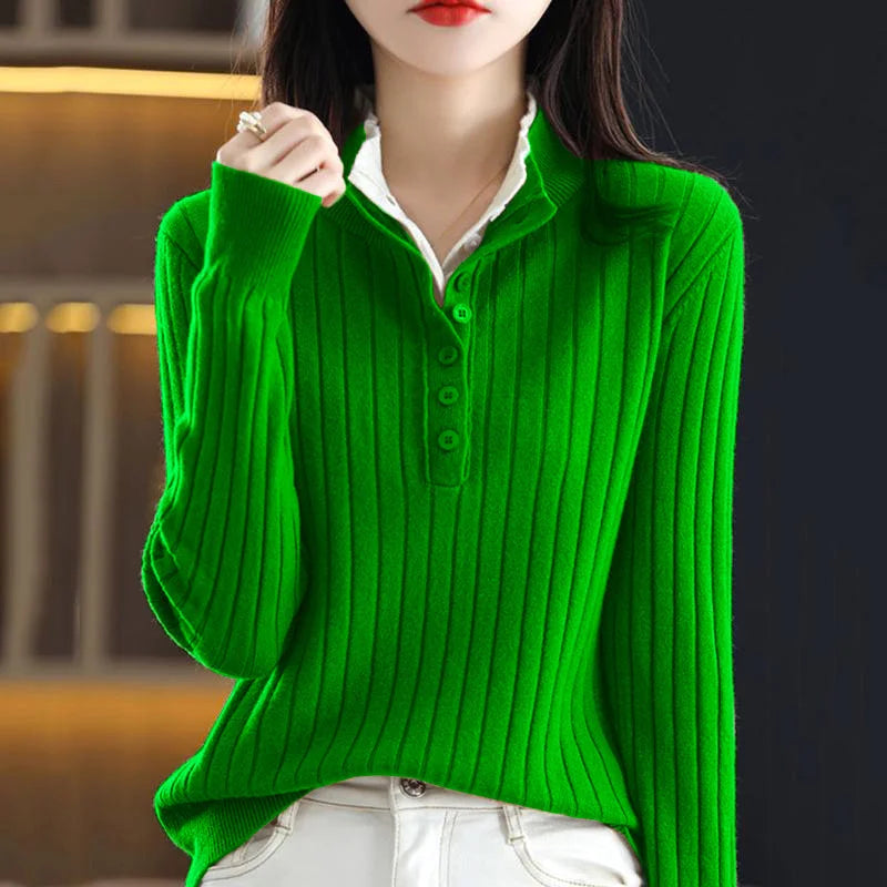 Green ribbed knit button up collar sweater on model