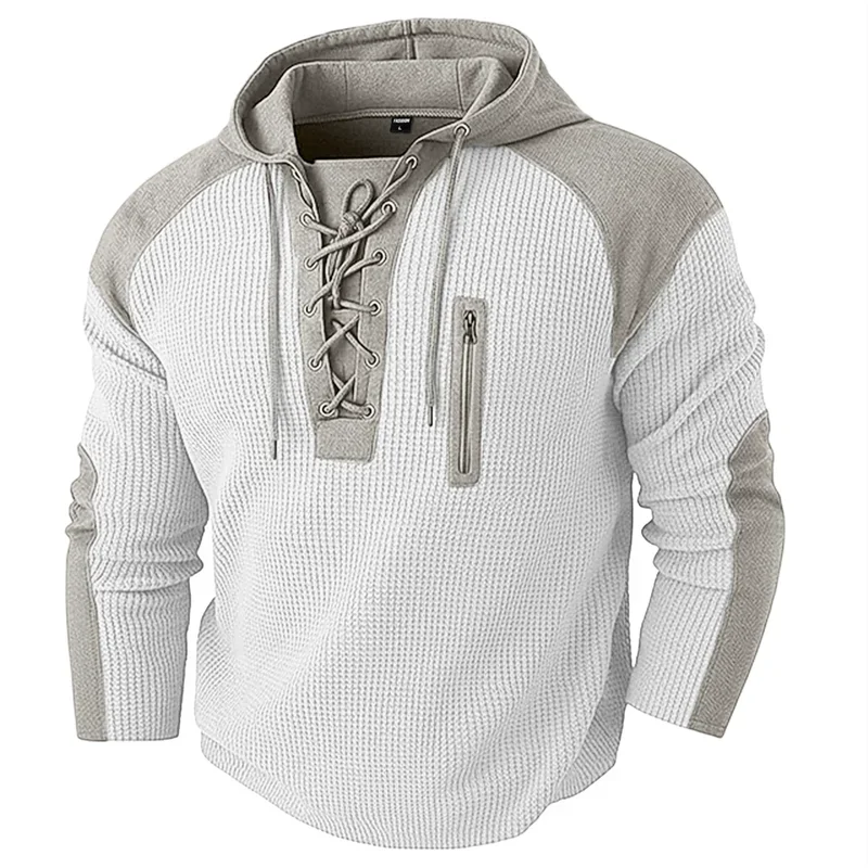 White waffle knit hoodie with lace-up neckline and zip chest pocket
