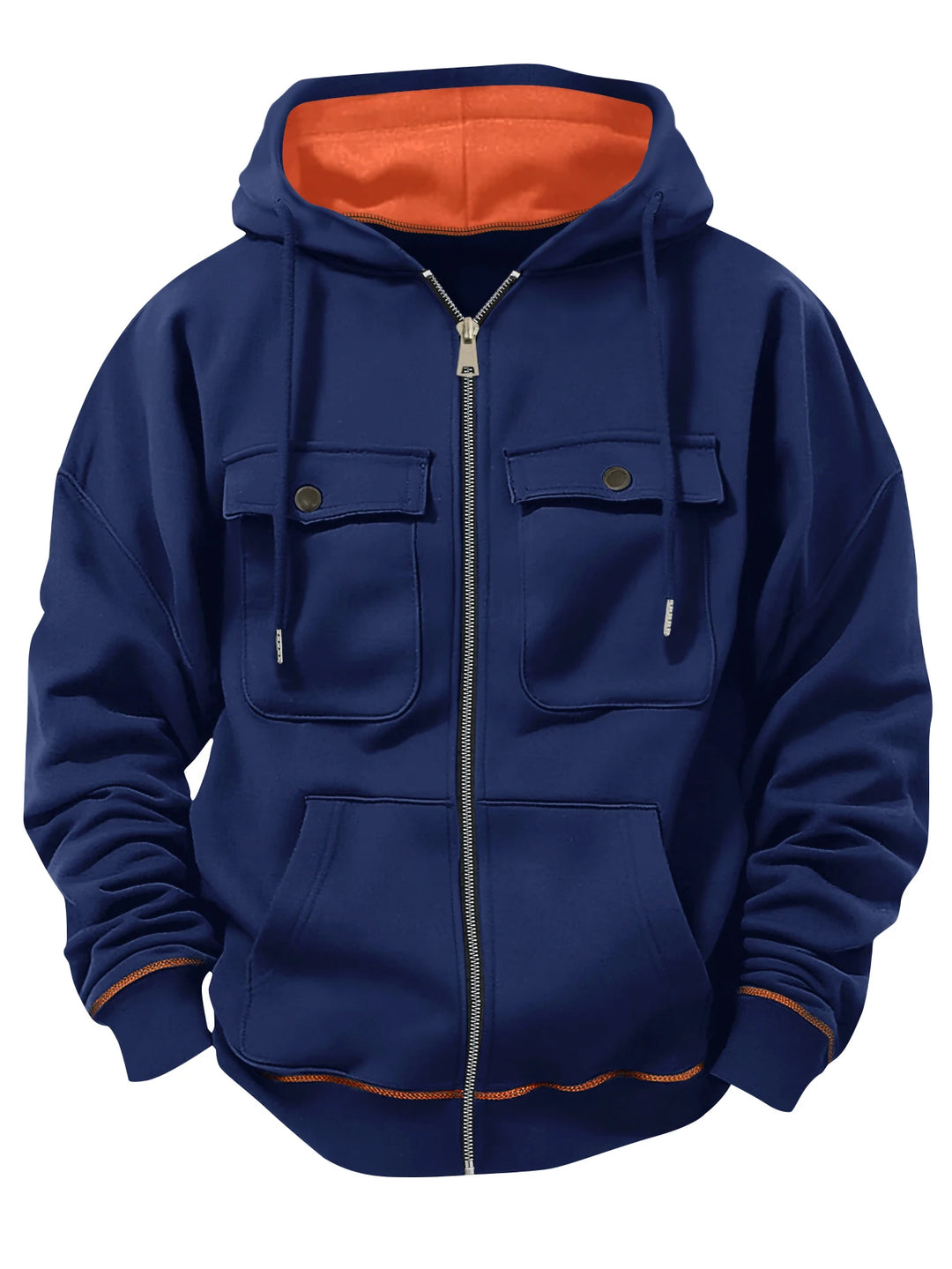 Navy blue zip-up hoodie with flap pockets, front view