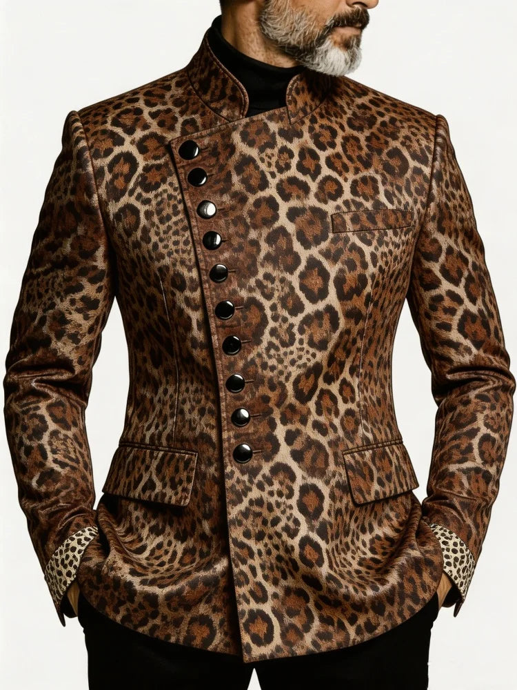 Man wearing leopard print blazer with mandarin collar and diagonal button front