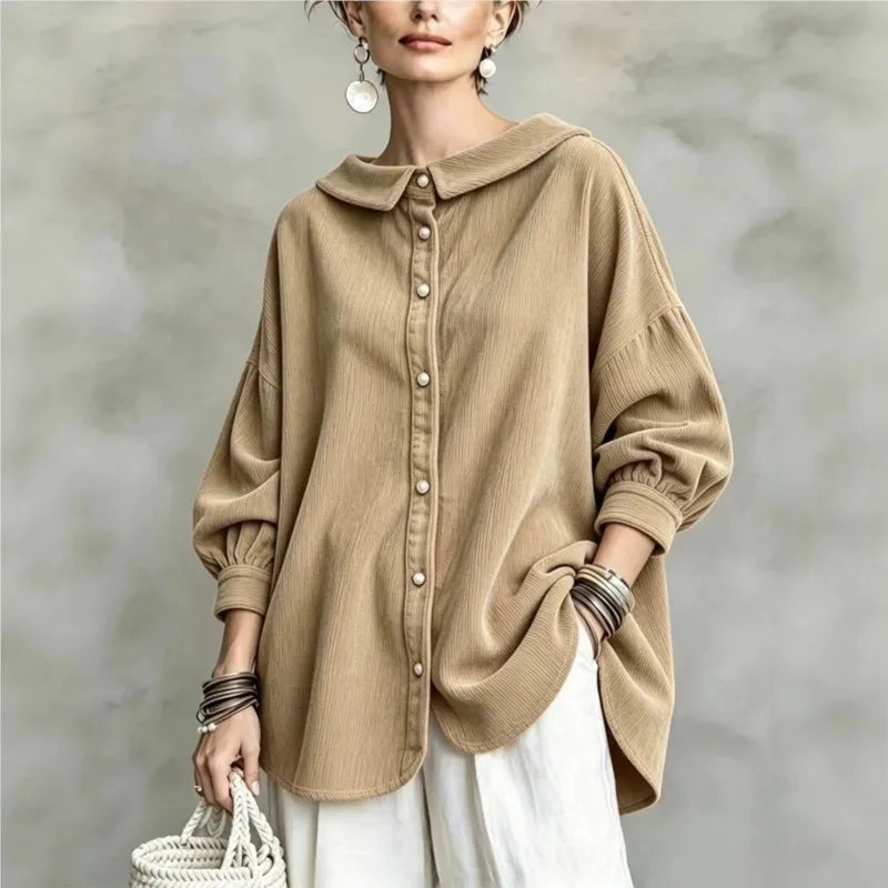 Khaki blouse with turn down collar and balloon sleeves, front view