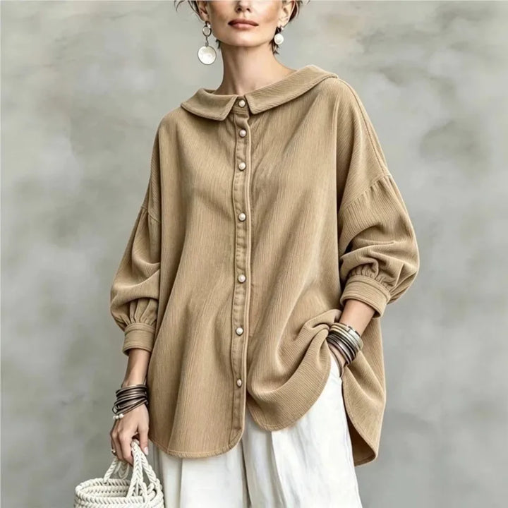 Khaki blouse with turn down collar and balloon sleeves, front view