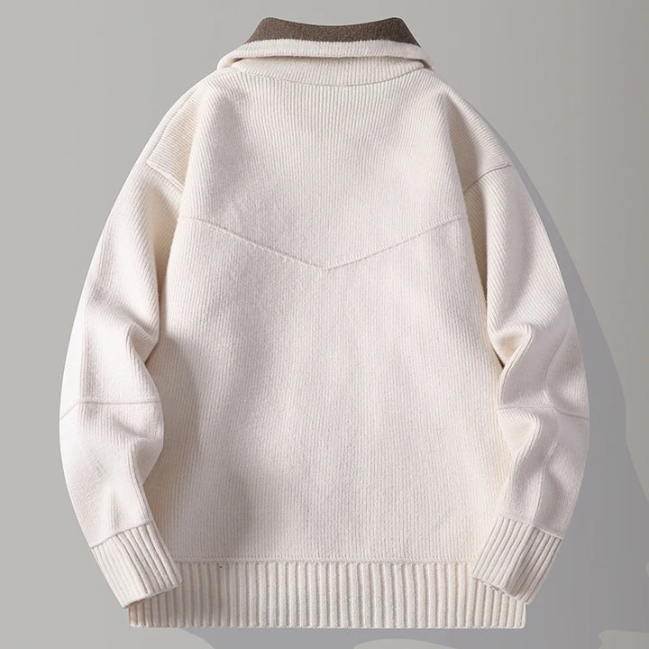 Beige knit zip cardigan, back view