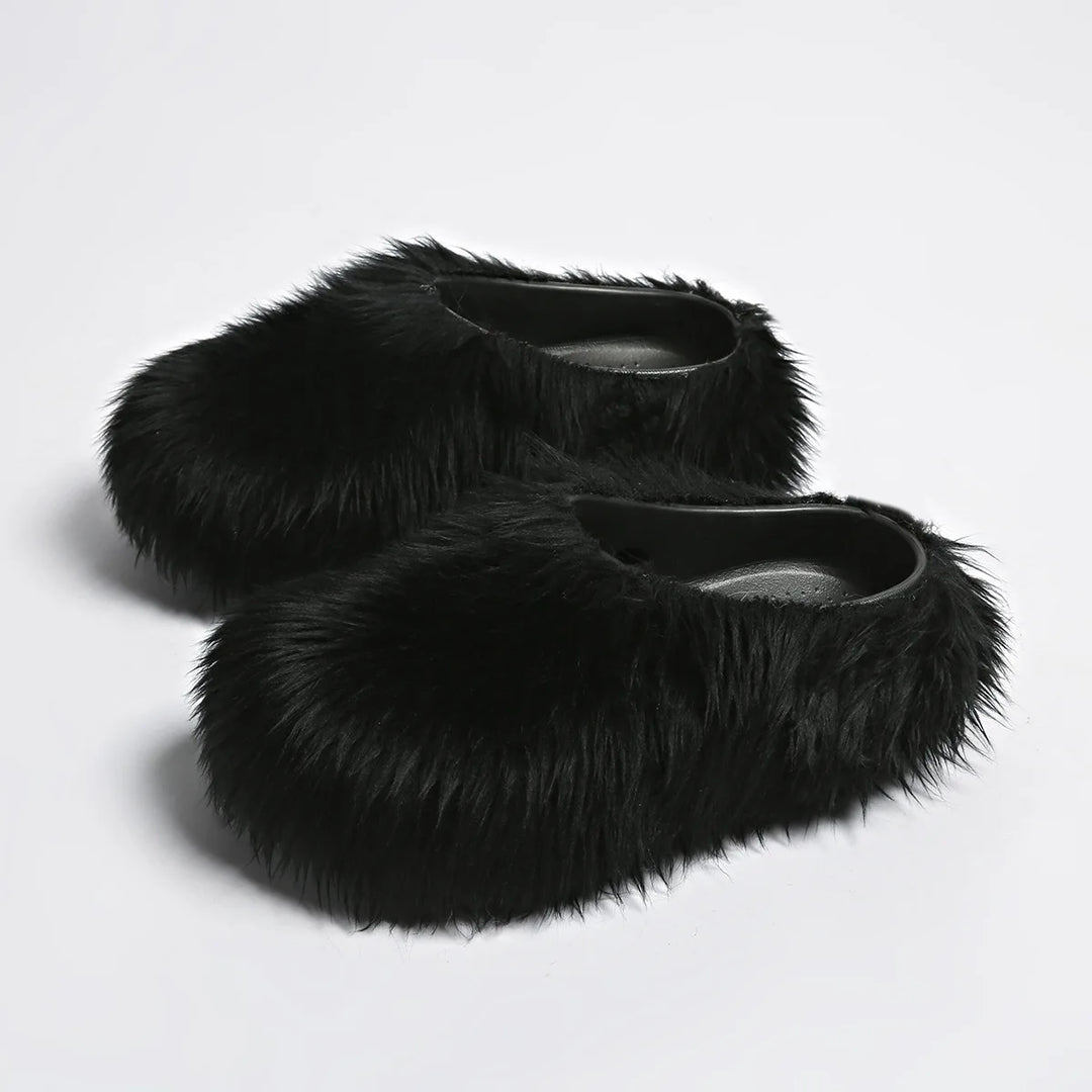 Black faux fur platform slipper mules, side angle