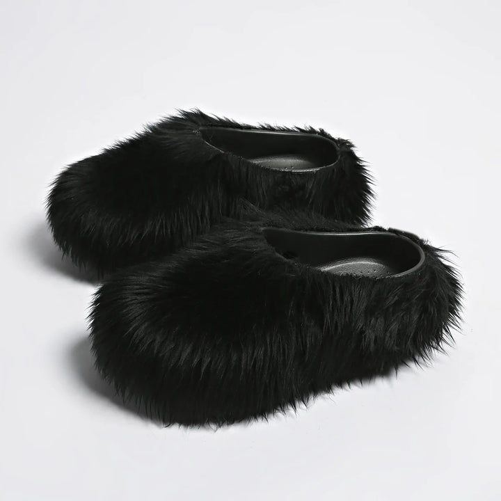 Black faux fur platform slipper mules, side angle