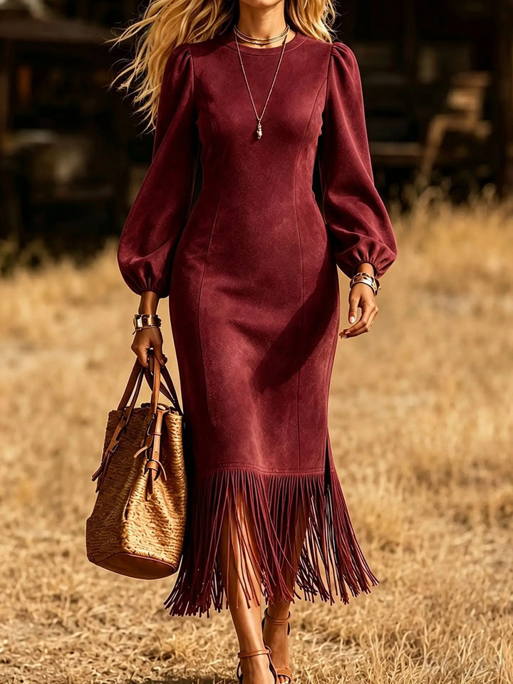 Claret red faux suede fringe hem midi dress close up with lantern sleeves