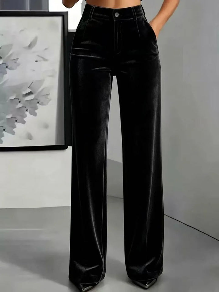 Black velvet high waist wide leg pants front view