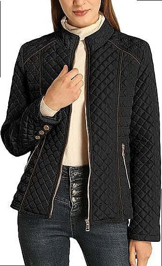 Woman wearing black quilted puffer jacket front view