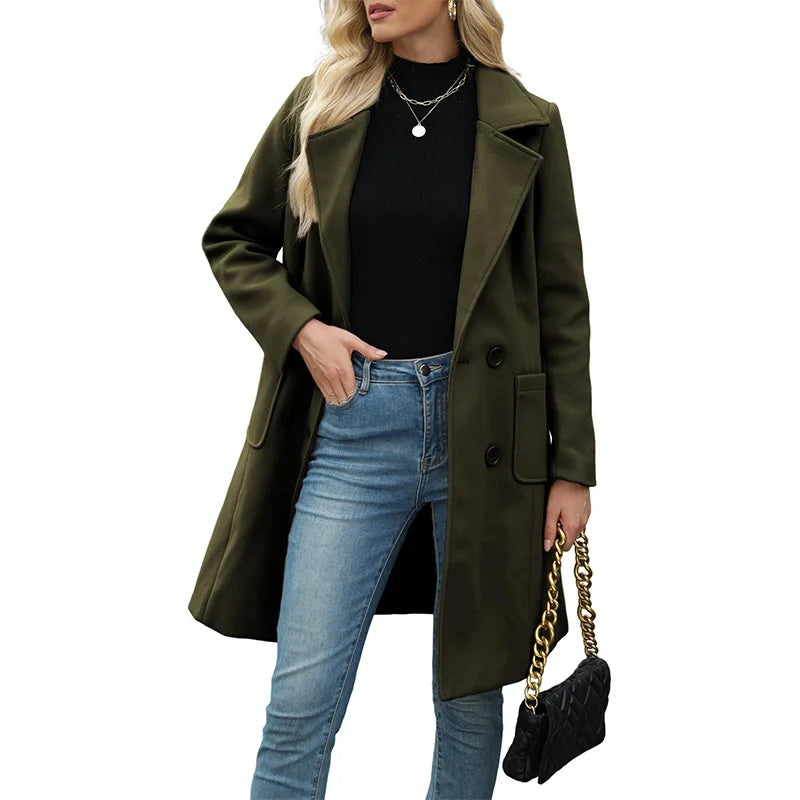 Woman wearing army green double breasted wool coat