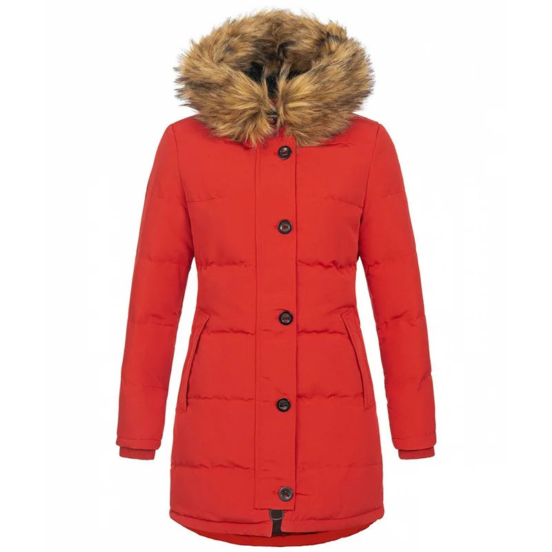 Red hooded parka coat front view with faux fur trim