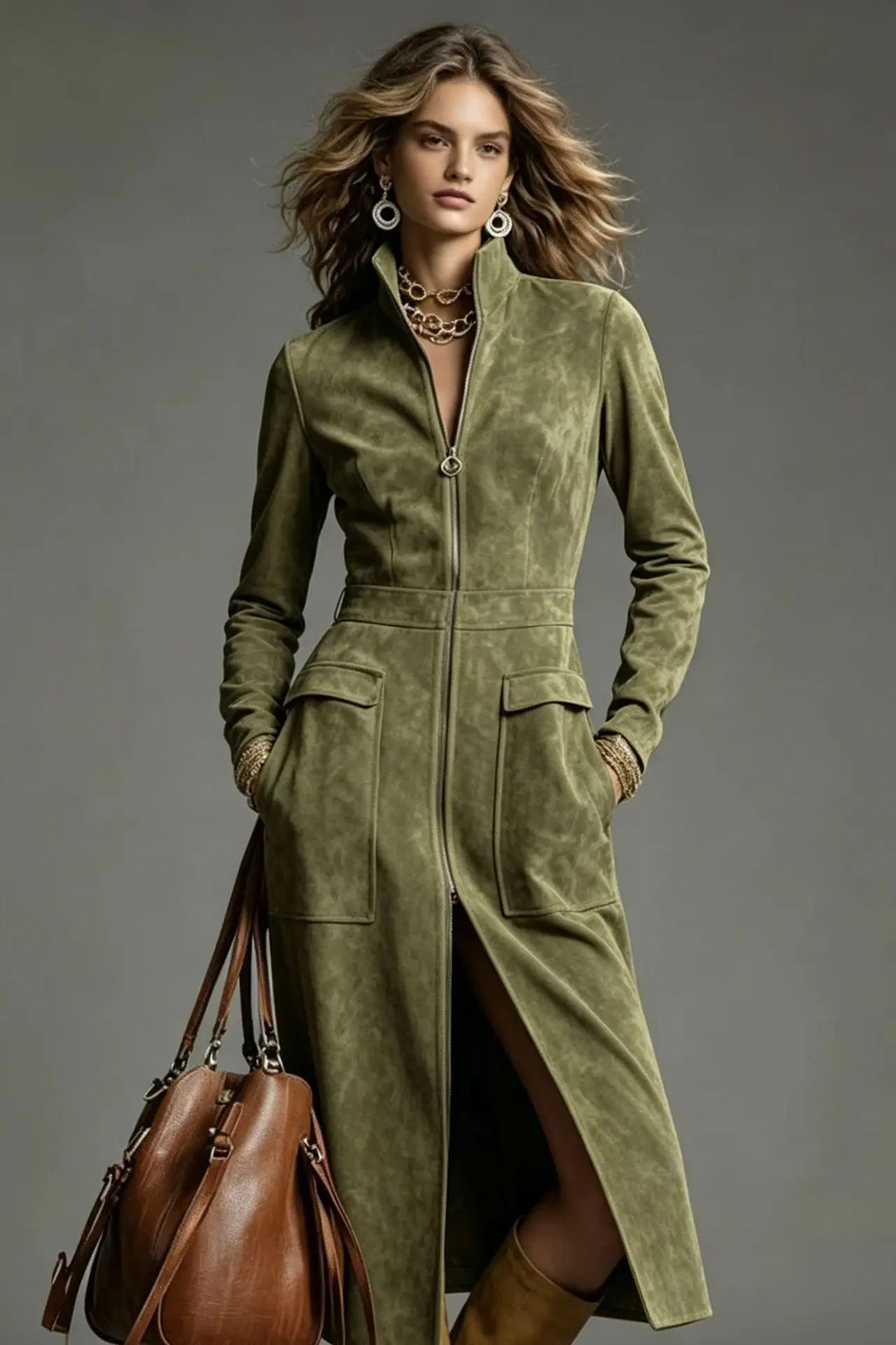 Woman wearing green suede-look zip front sheath dress with side slit