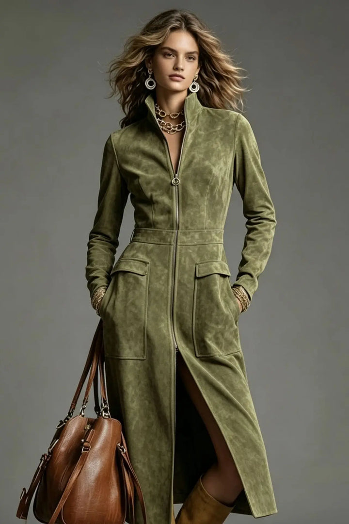 Woman wearing green suede-look zip front sheath dress with side slit