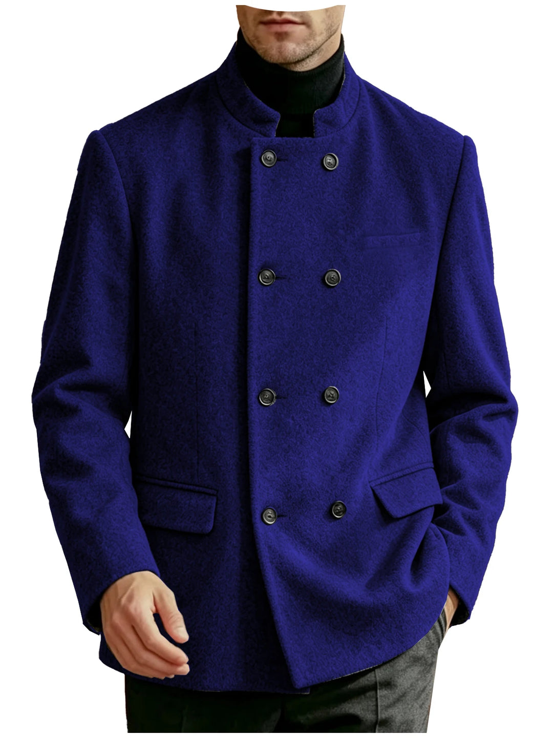 Man wearing royal blue mandarin collar double-breasted coat