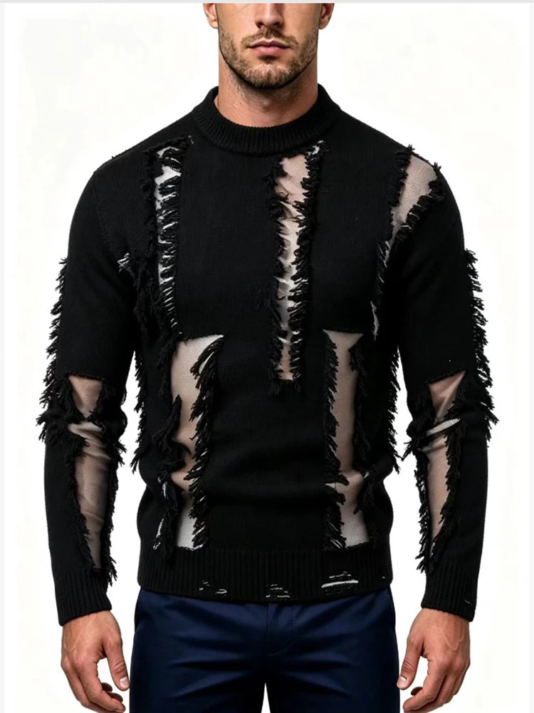 Black sheer mesh fringe pullover sweater, front view