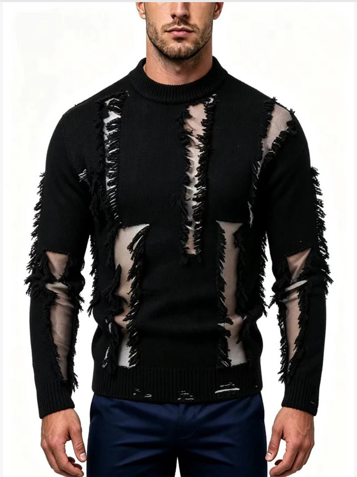 Black sheer mesh fringe pullover sweater, front view