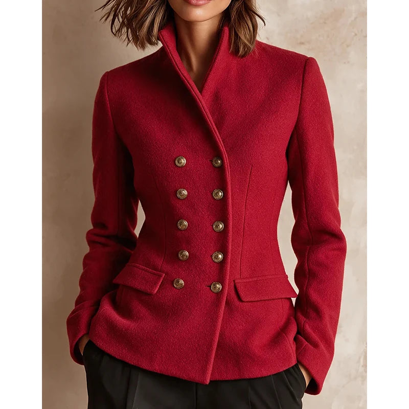 Woman wearing red double-breasted wool-blend jacket, front view