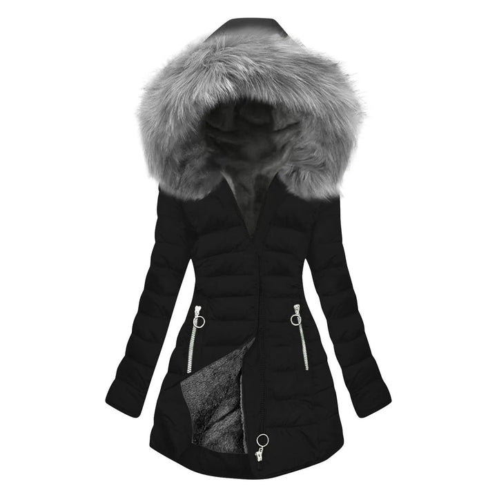 Black quilted puffer jacket with faux fur hood, front view
