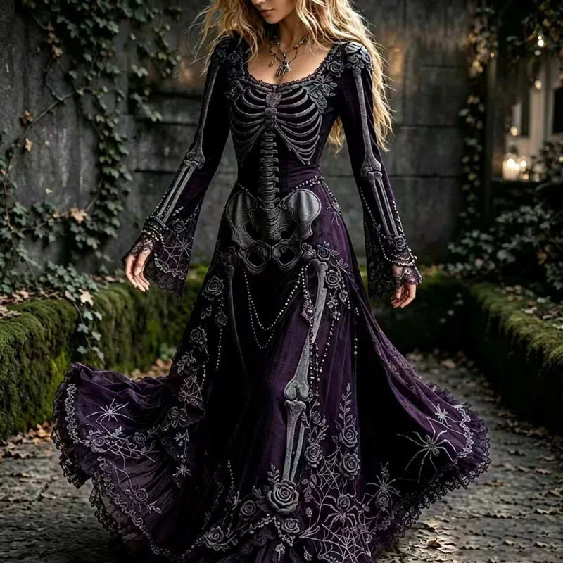 Purple skeleton embroidered maxi dress with square neckline