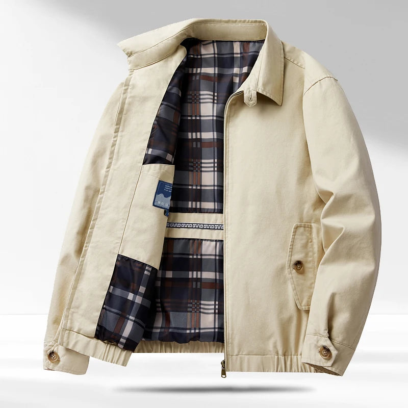 Off-white jacket open showing plaid lining and interior pocket