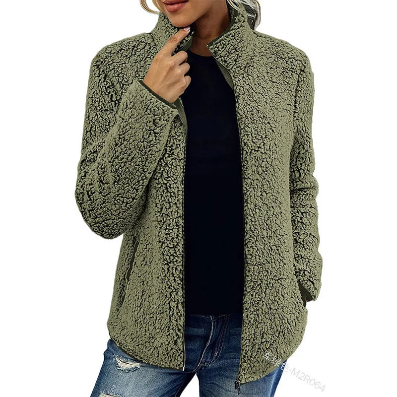 Woman wearing military green sherpa fleece zip jacket