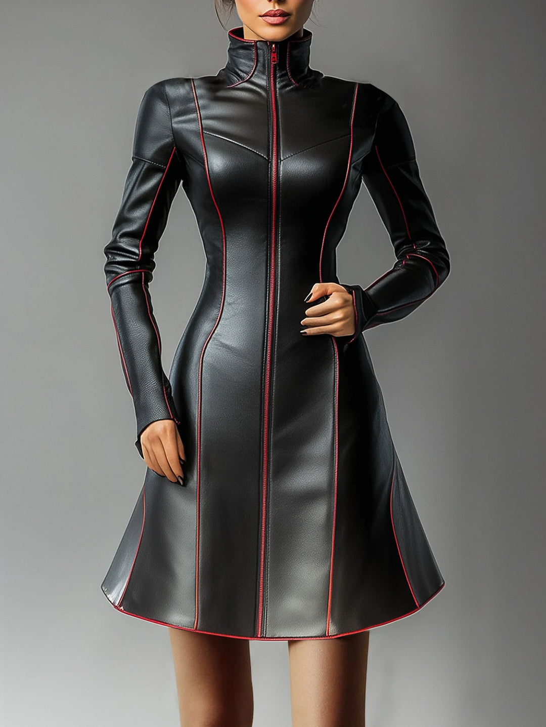 Front view of black faux leather mini dress with red contrast piping and zip front