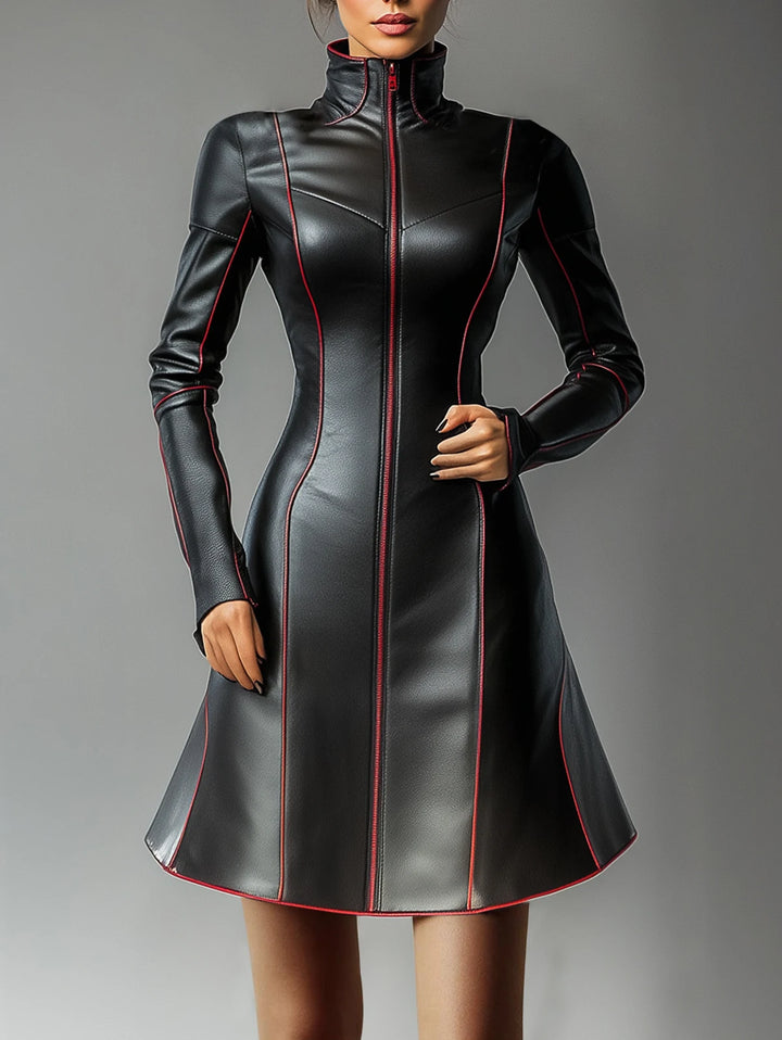 Front view of black faux leather mini dress with red contrast piping and zip front