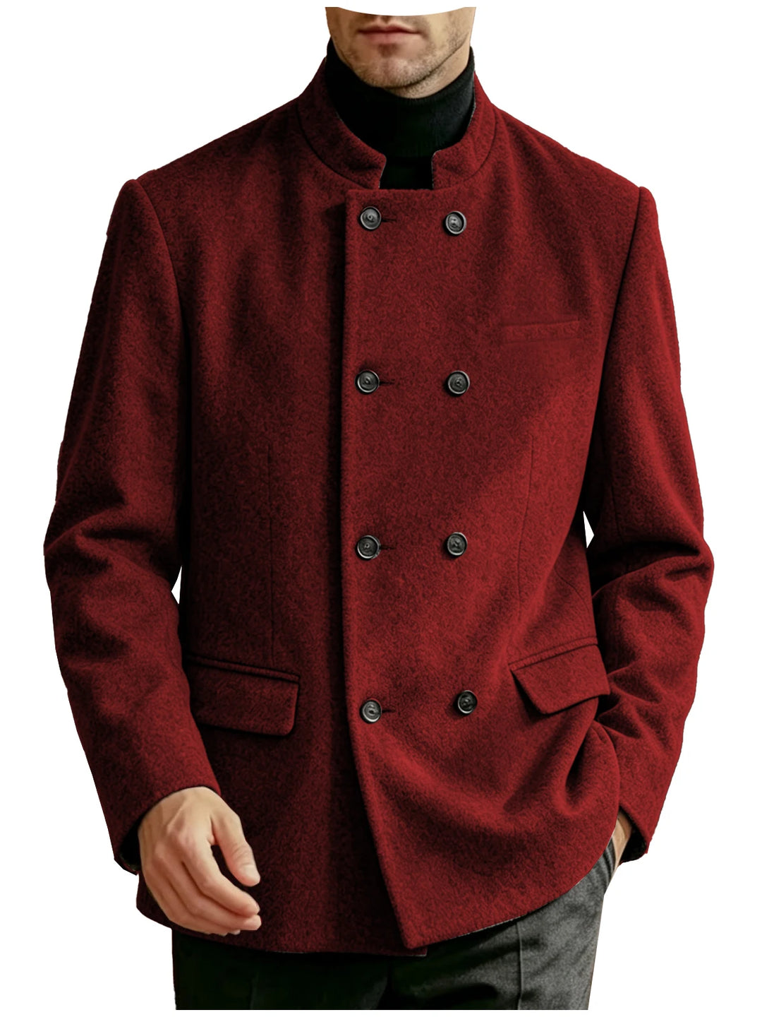Man wearing red mandarin collar double-breasted coat