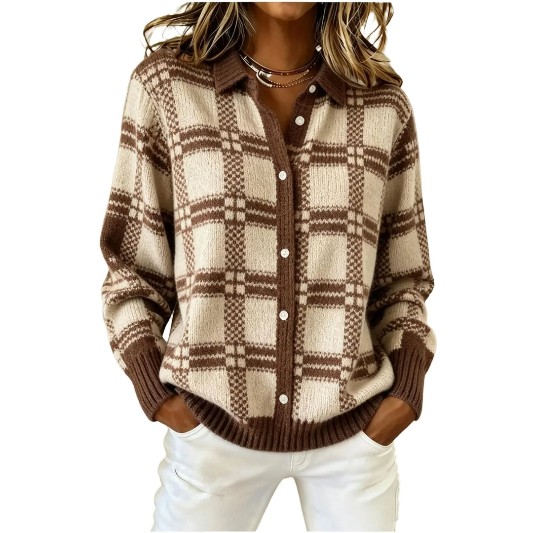 Woman wearing dark khaki and cream plaid knit button front cardigan