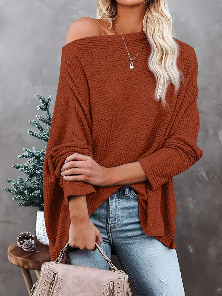 Coffee brown waffle knit off-shoulder sweater on model