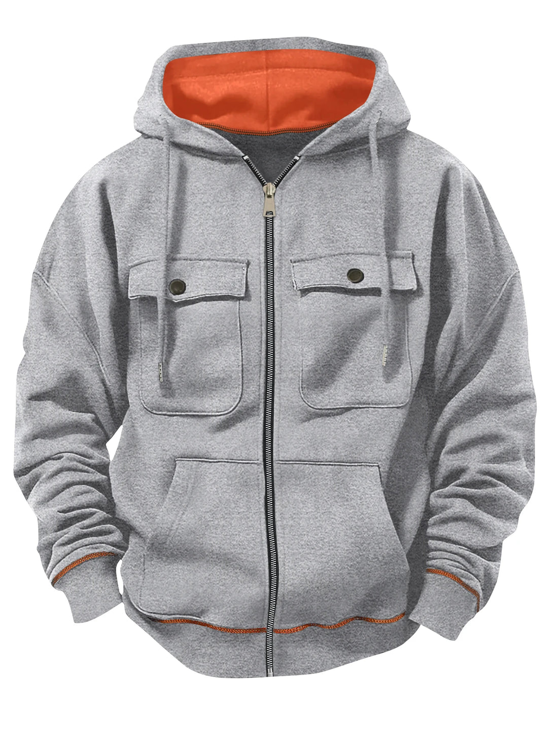 Gray zip-up hoodie with flap pockets, front view