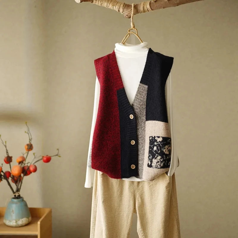 Colorblock knit sweater vest in red and black with floral patch pocket