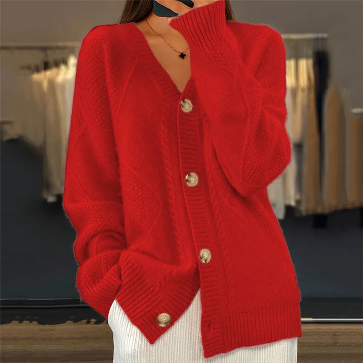 Woman wearing red textured knit button front cardigan