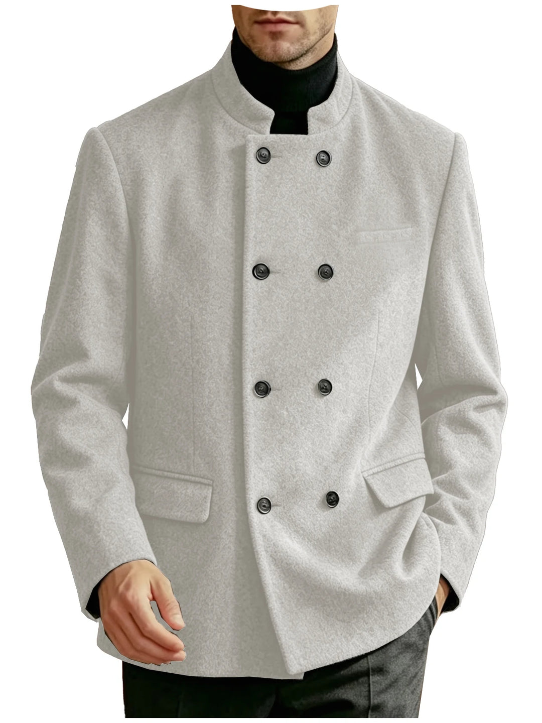 Man wearing beige mandarin collar double-breasted coat