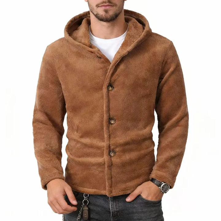 Man wearing brown brushed fleece hooded jacket with button front