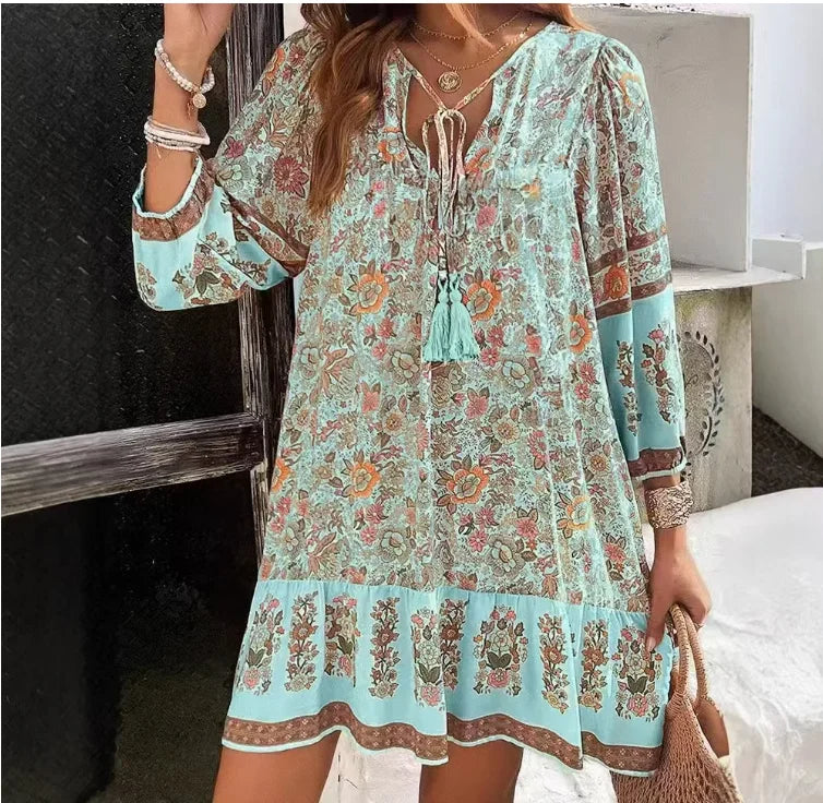 Kendall Relaxed Boho Print Long Sleeve Mini Dress