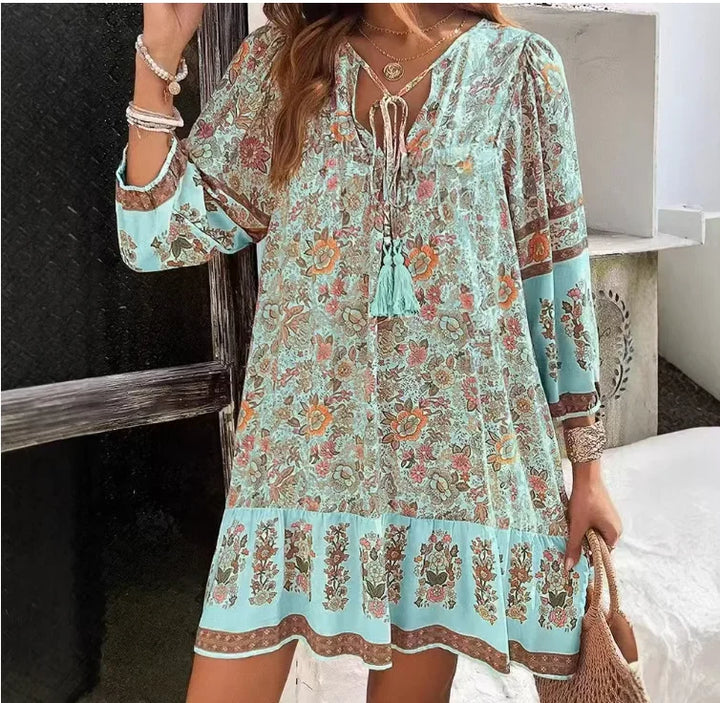 Kendall Relaxed Boho Print Long Sleeve Mini Dress