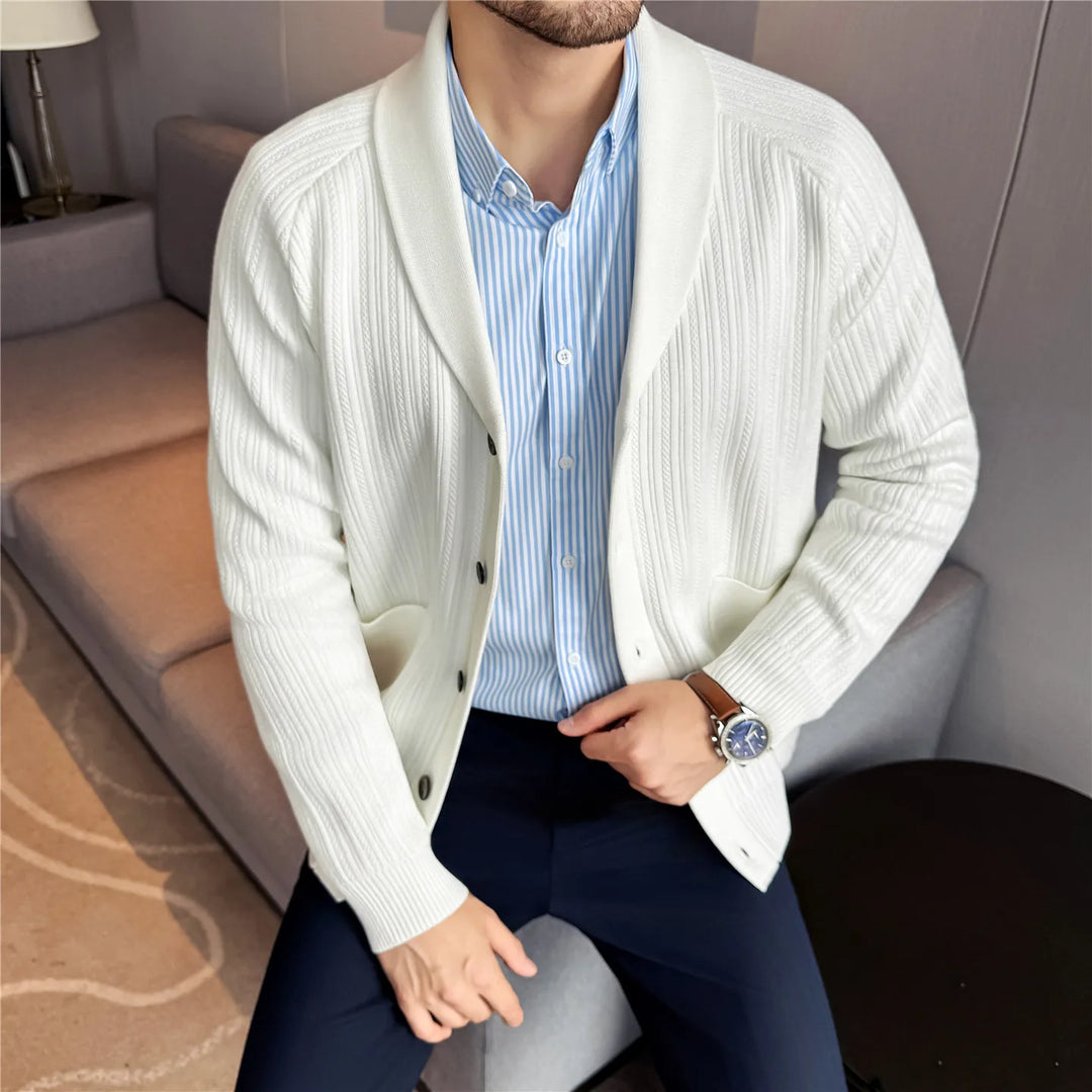 Close view of white shawl collar cardigan with button front and hip pocket