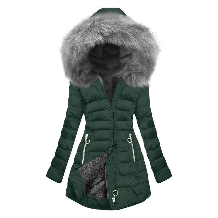 Dark green quilted puffer jacket with faux fur hood, front view