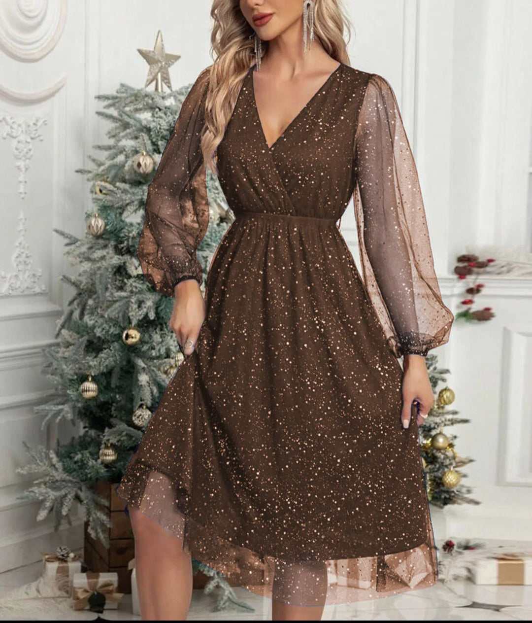 Woman wearing coffee glitter mesh wrap dress with balloon sleeves