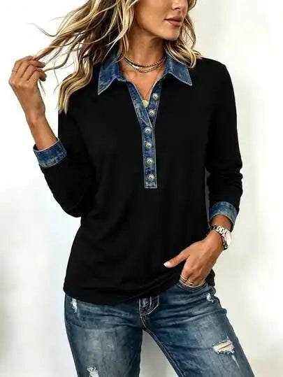 Woman wearing black blouse with denim collar close up