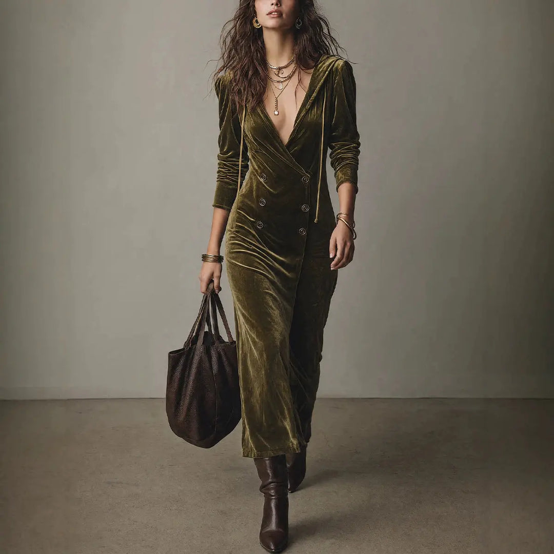 Woman wearing olive green hooded velvet wrap midi dress